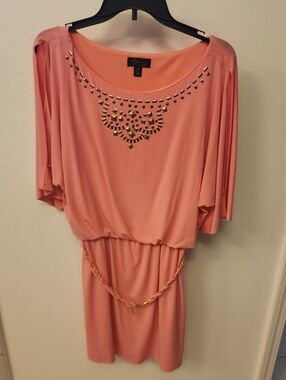 Thalia Sodi Coral Pink Mini Dress with Gold Accents
